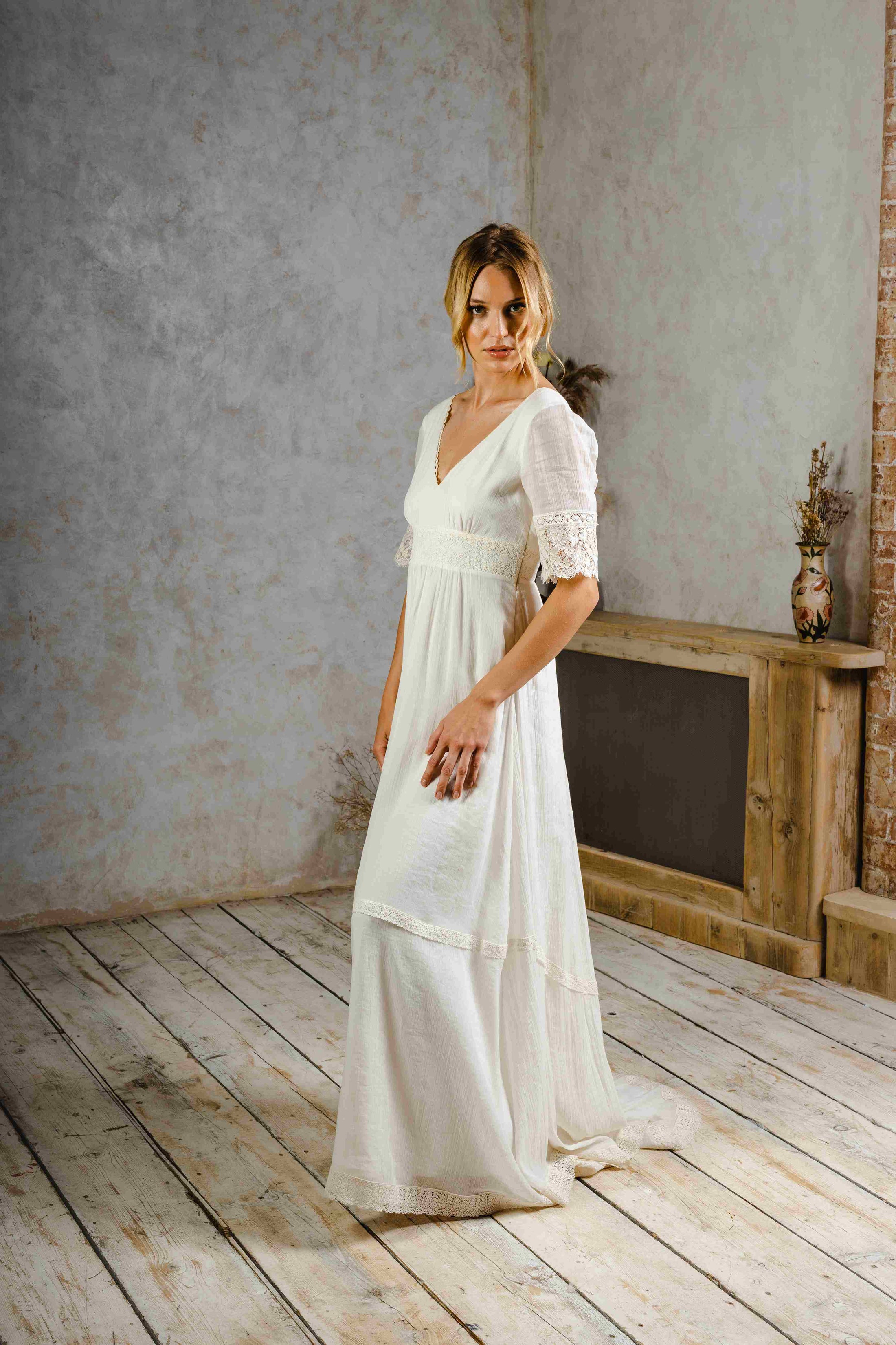 model wearing a wedding dress perfect for rustic weddings