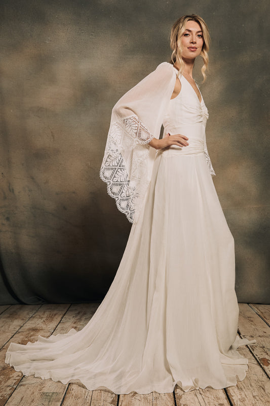 modern bohemian wedding dress with detachable angel sleeves