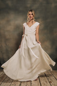 Load image into Gallery viewer, modern boho linen wedding dress with cap sleeves