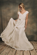 Load image into Gallery viewer, modern boho linen wedding dress with cap sleeves