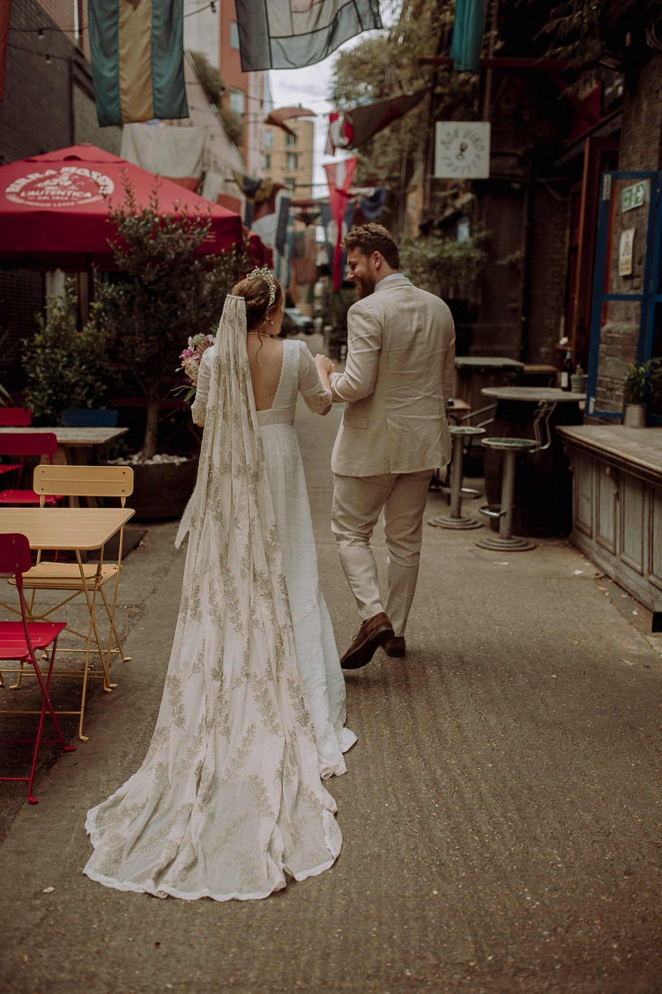 Boho bride and groom in London.