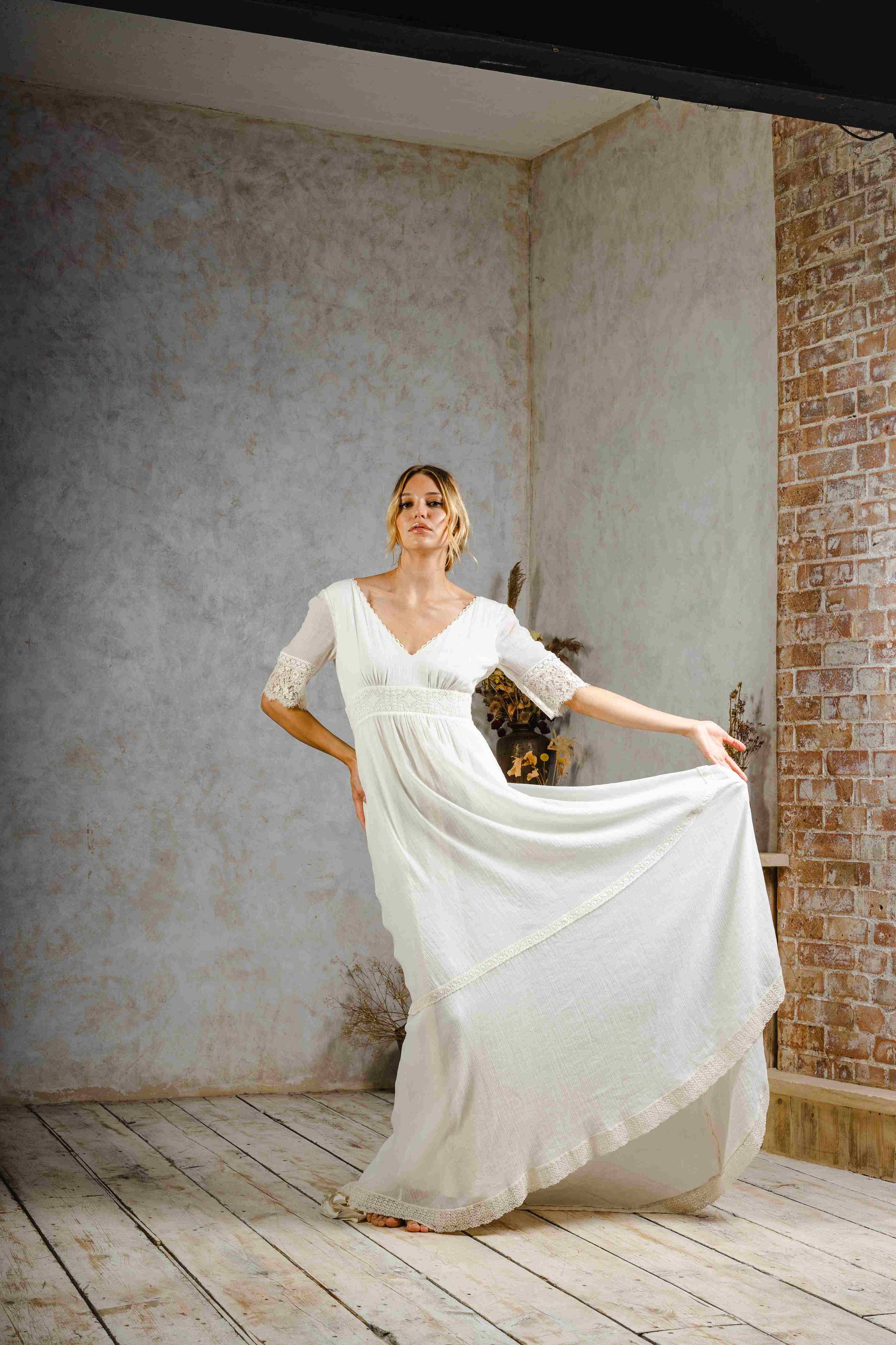 model wearing a wedding dress perfect for rustic weddings