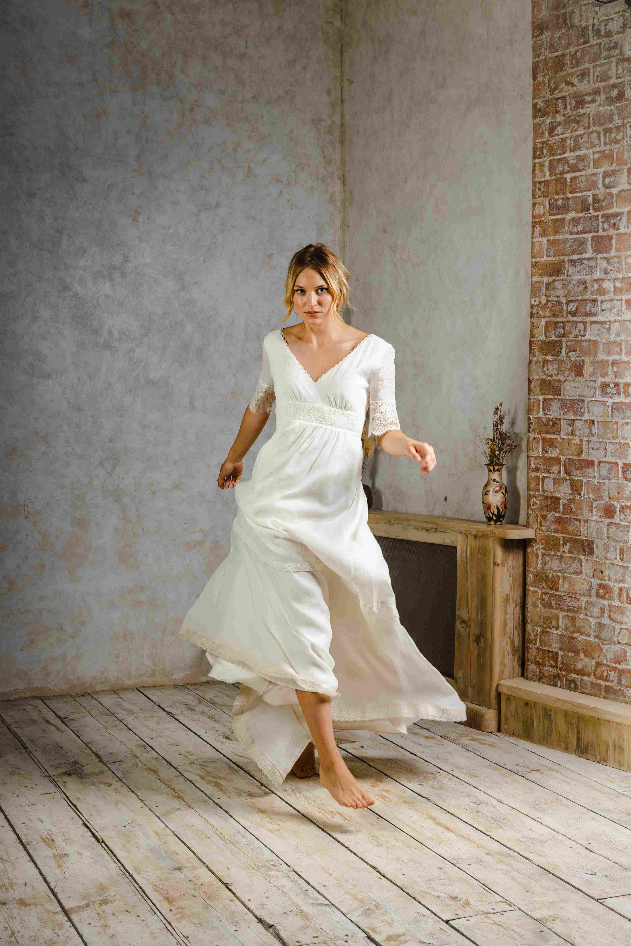 model wearing a wedding dress perfect for rustic weddings