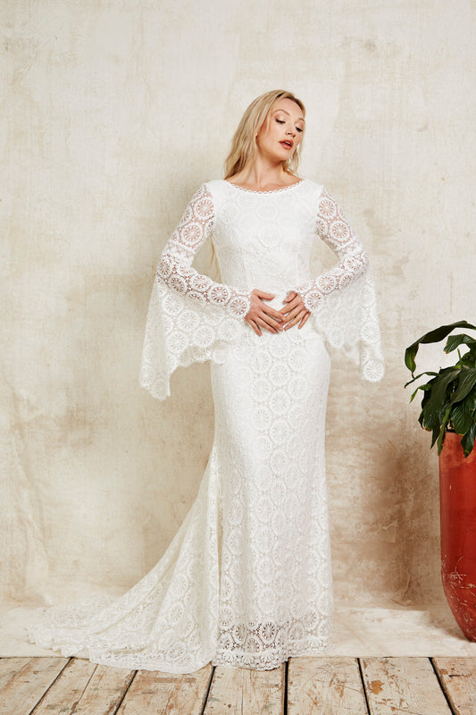 bohemian lace wedding dress with bell sleeves