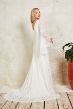 bohemian lace wedding dress with bell sleeves