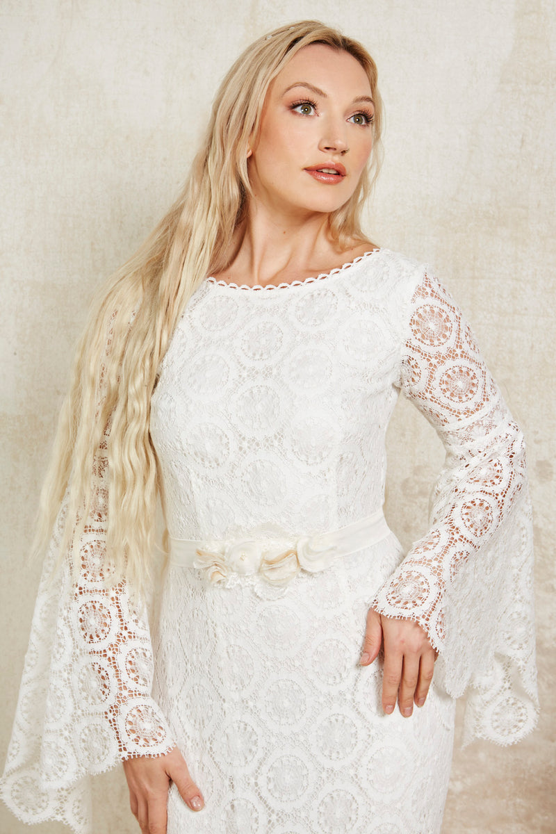 bohemian lace wedding dress with bell sleeves