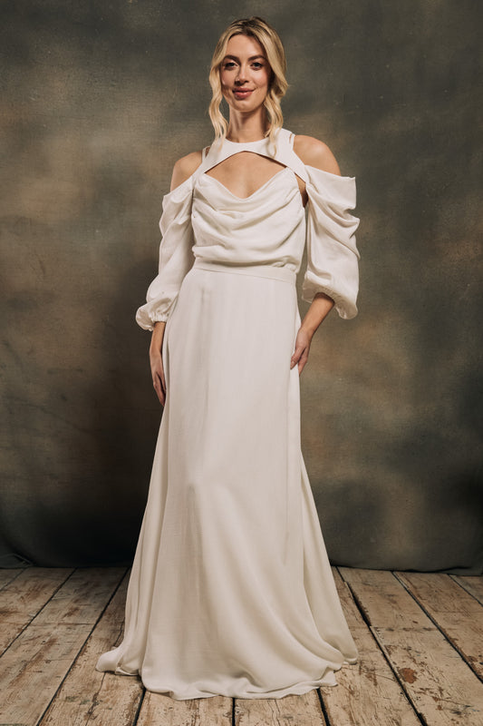 cowl neck wedding dress with detachable sleeves