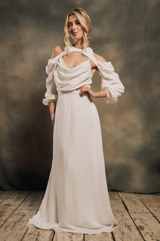 cowl neck wedding dress with detachable sleeves