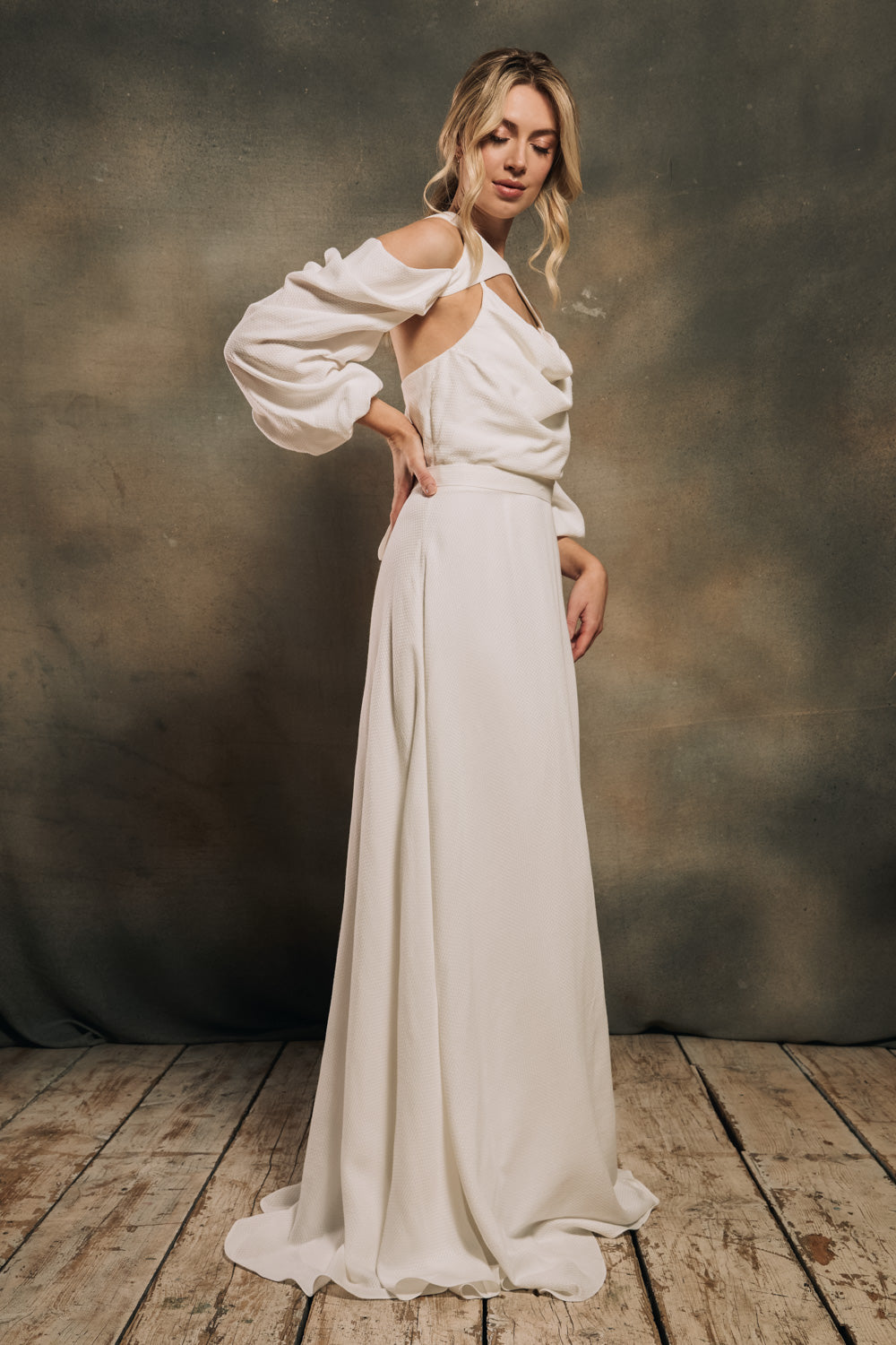 cowl neck wedding dress with detachable sleeves