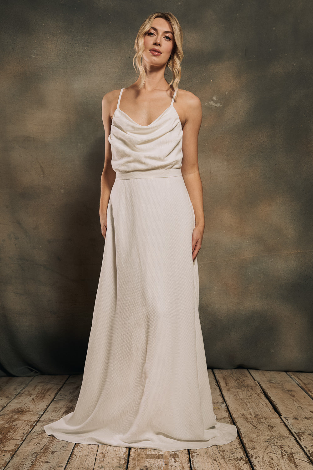 cowl neck wedding dress with detachable sleeves