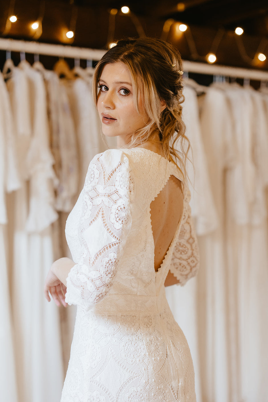 bride wearing a lace wedding dress