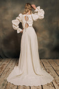 Load image into Gallery viewer, linen wedding dress with detachable triple layer puff sleeves
