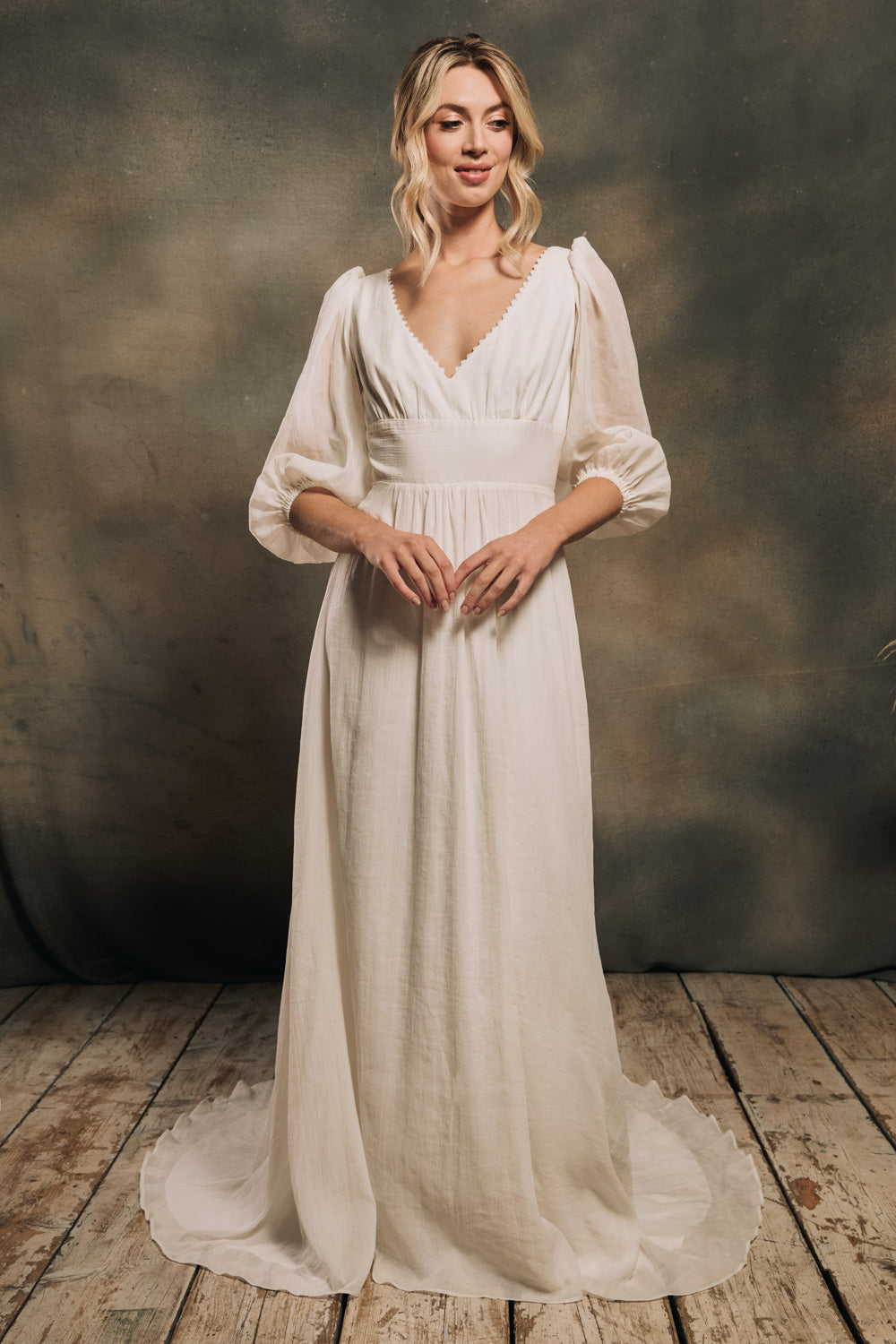 modern bohemian wedding dress with detachable billowy sleeves