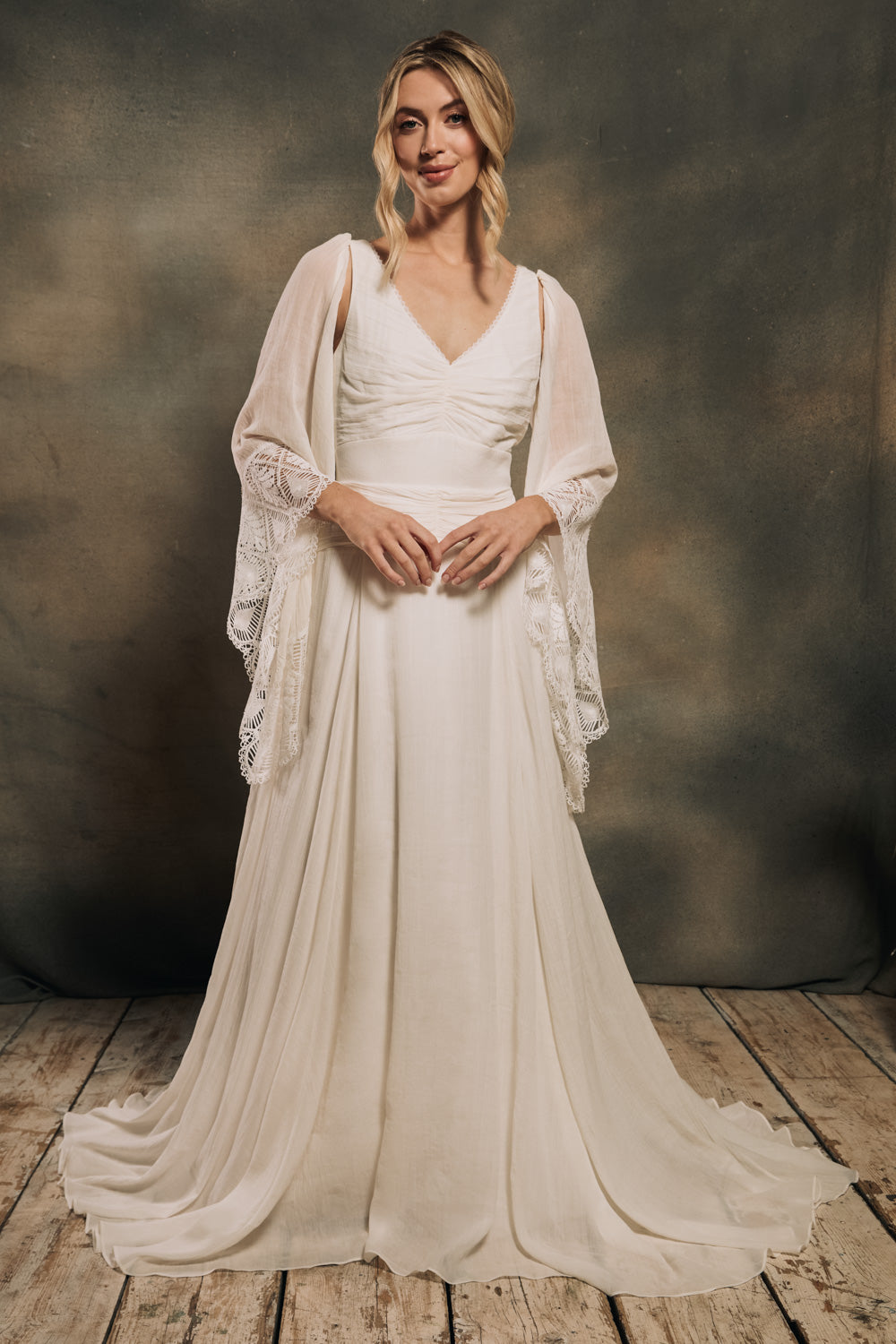 modern bohemian wedding dress with detachable angel sleeves