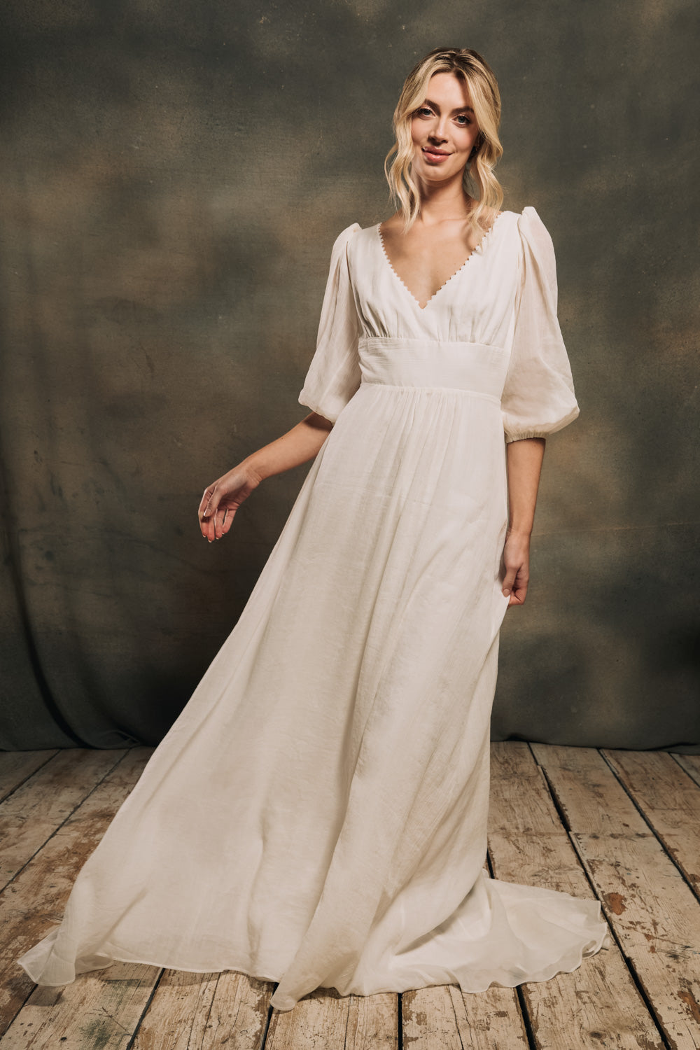 modern bohemian wedding dress with detachable billowy sleeves