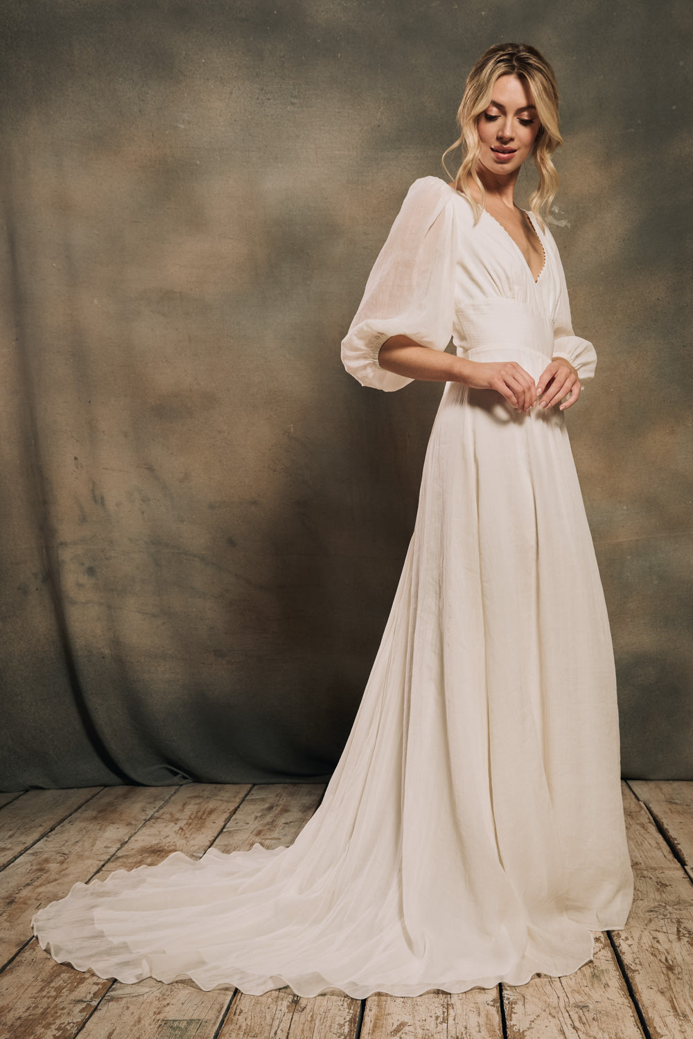 modern bohemian wedding dress with detachable billowy sleeves