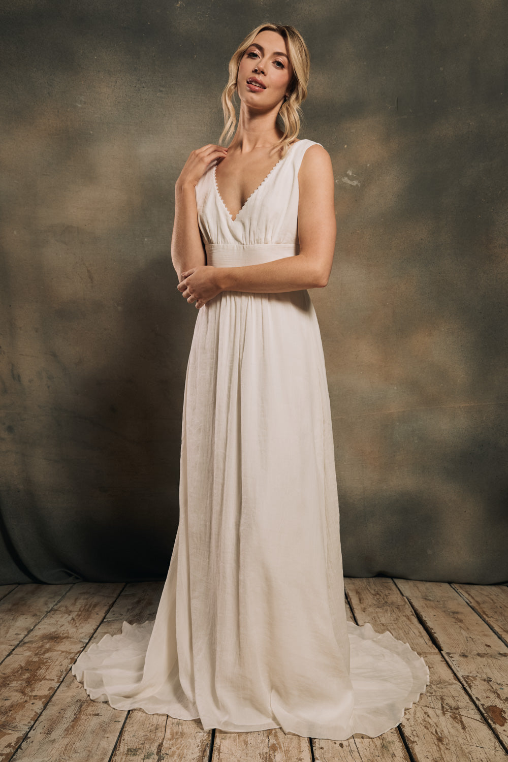 modern bohemian wedding dress with detachable billowy sleeves