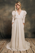 Load image into Gallery viewer, modern bohemian linen wedding dress with puffy sleeves
