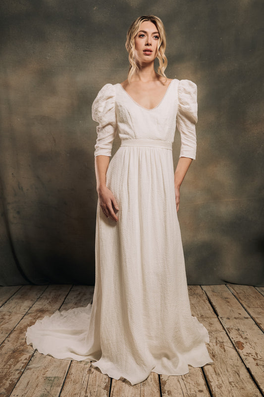 modern boho wedding dress with leg of mutton sleeves