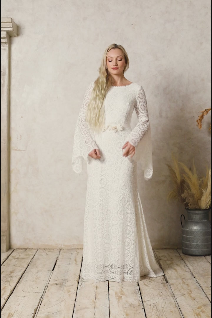 bohemian lace wedding dress with bell sleeves