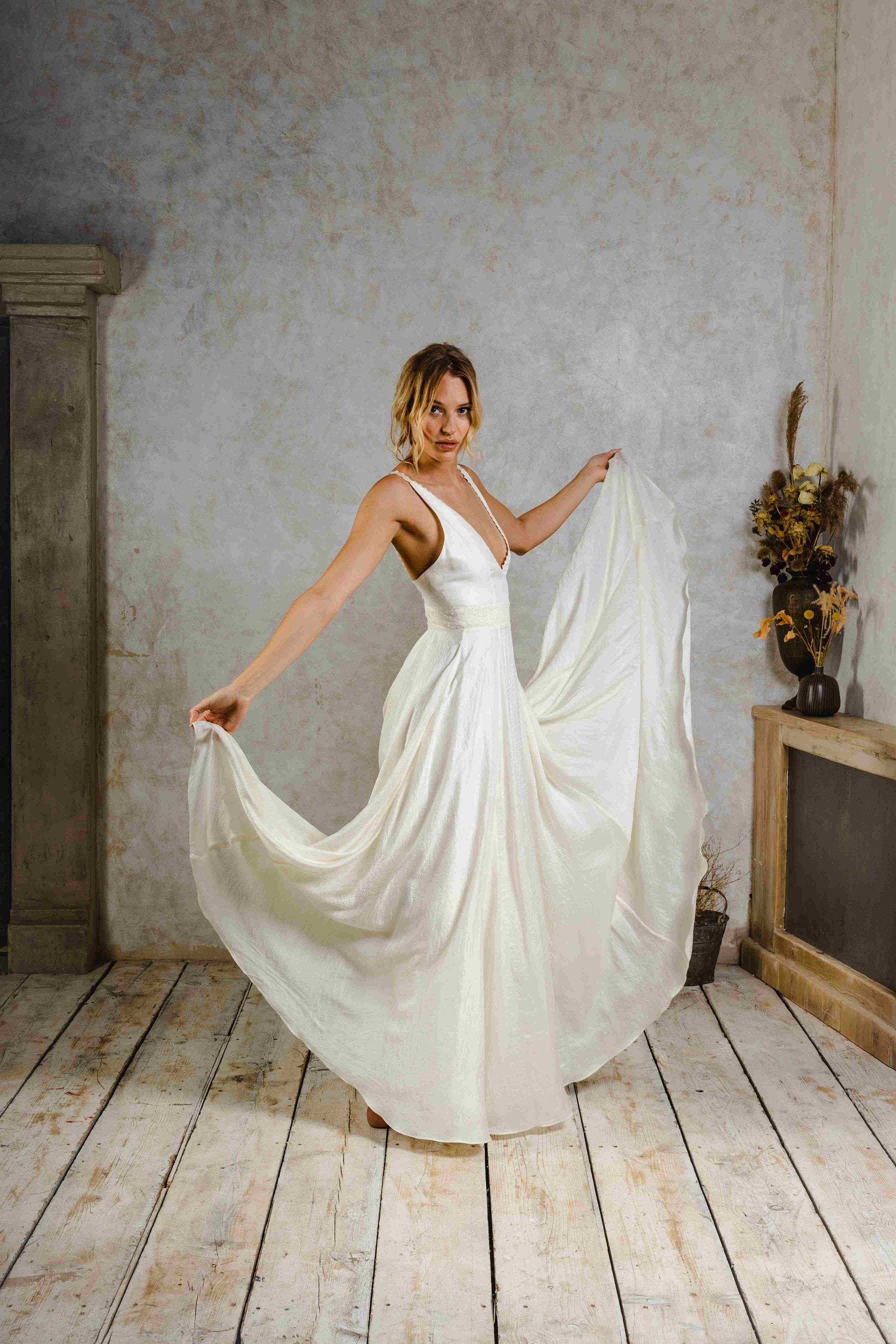 flowy silk wedding dress