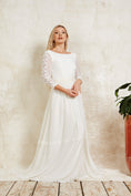 Load image into Gallery viewer, sustainable wedding dress with a lace top and high neckline
