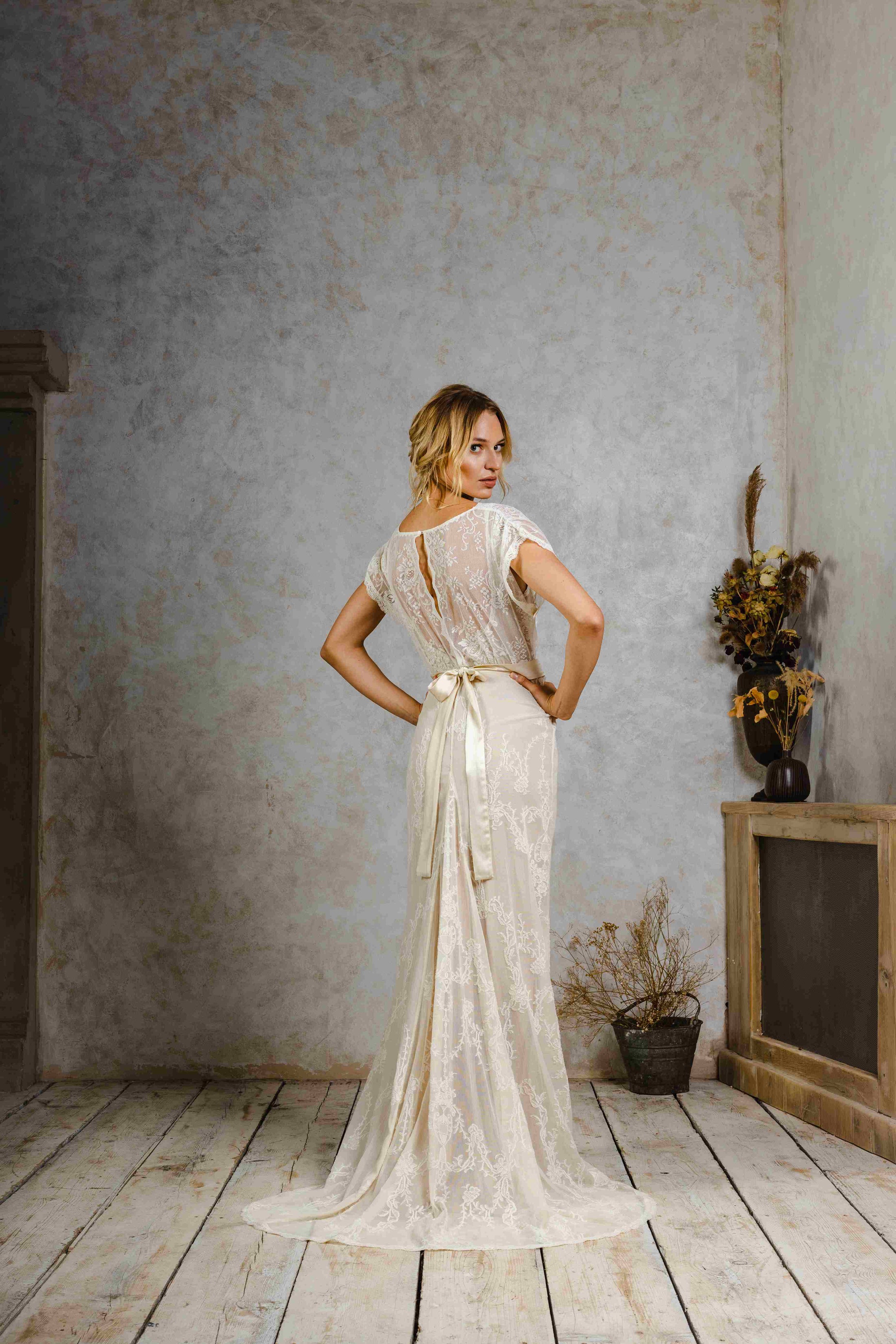 model wearing a vintage-inspired wedding dress