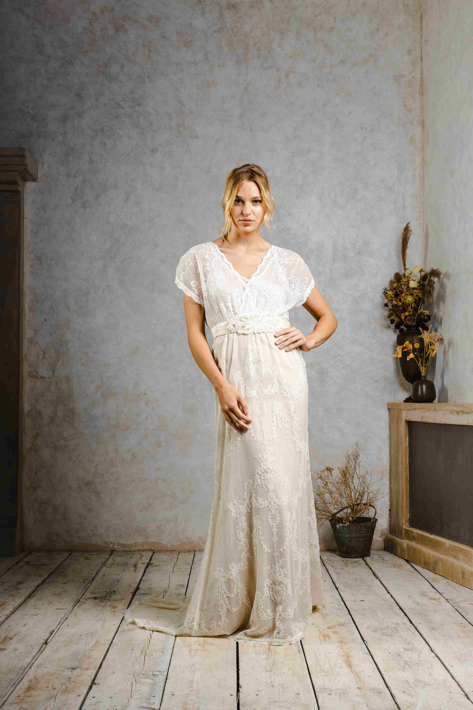 model wearing a vintage-inspired wedding dress