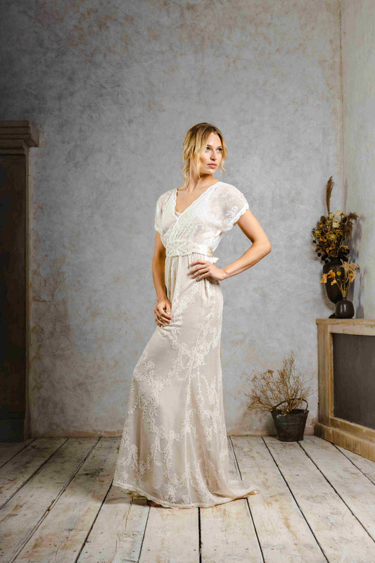 model wearing a vintage-inspired wedding dress