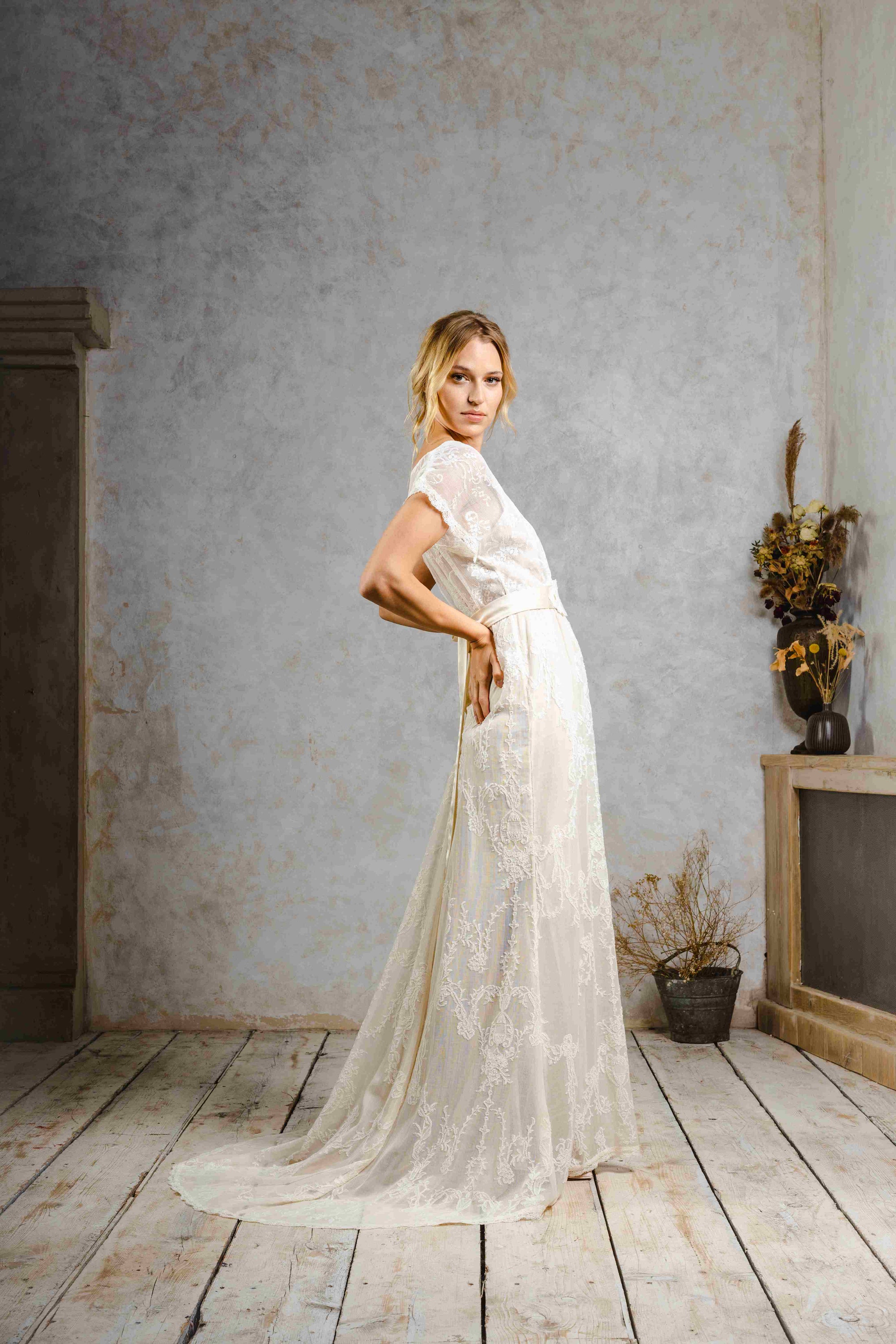 model wearing a vintage-inspired wedding dress