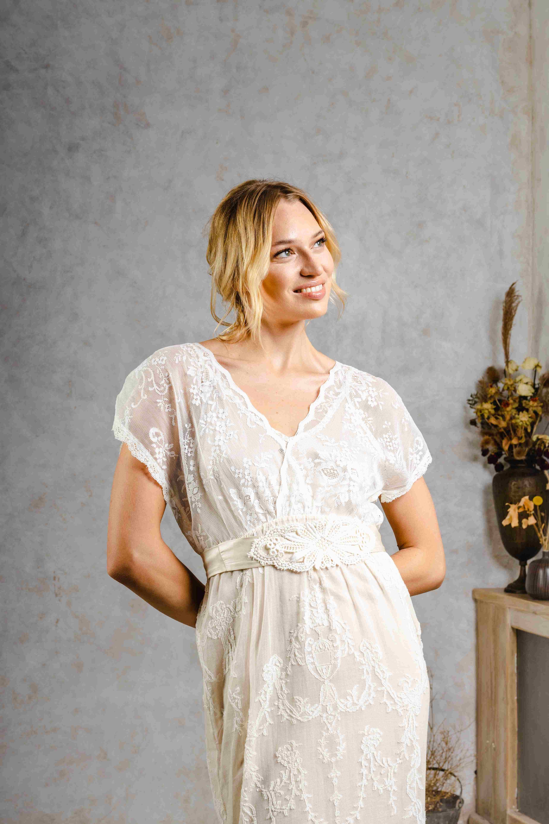 model wearing a vintage-inspired wedding dress